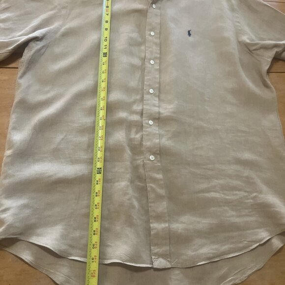 Ralph Lauren L Large Linen Blake Button Down Shirt Men Khaki Short Sleeve Logo - Picture 6 of 9